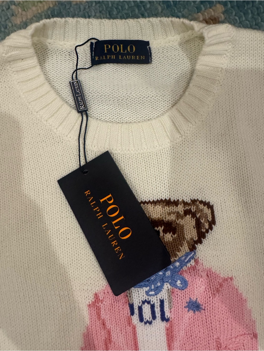 Ralph Lauren Cream Crewneck Sweater with Pink Polo Bear - Picture 2 of 3